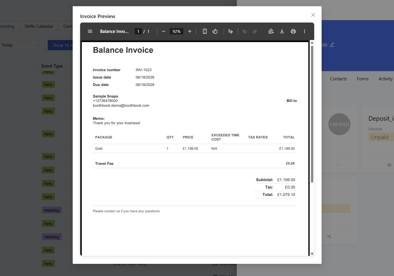 Branded DJ Manager invoice with package, quantity, price and tax breakdown