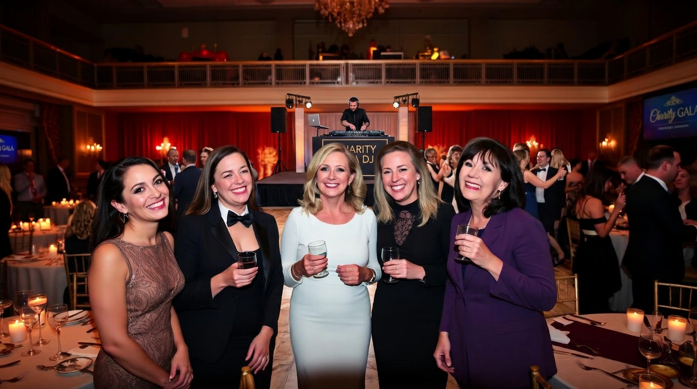 DJ at a charity gala with guests laughing