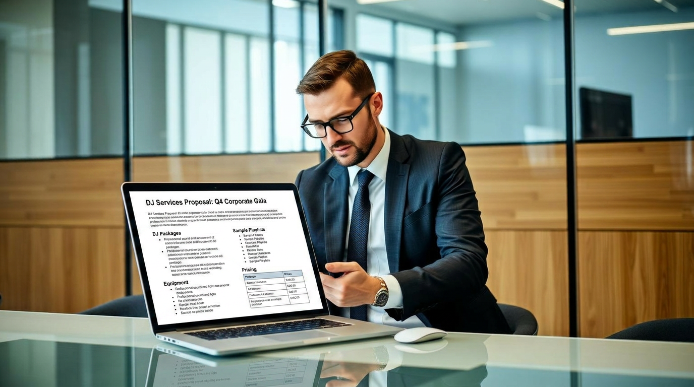 Account manager reviewing a branded proposal on a tablet