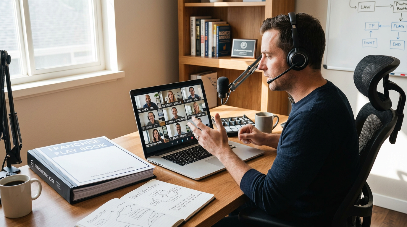 Franchise playbook next to a laptop showing a central dashboard