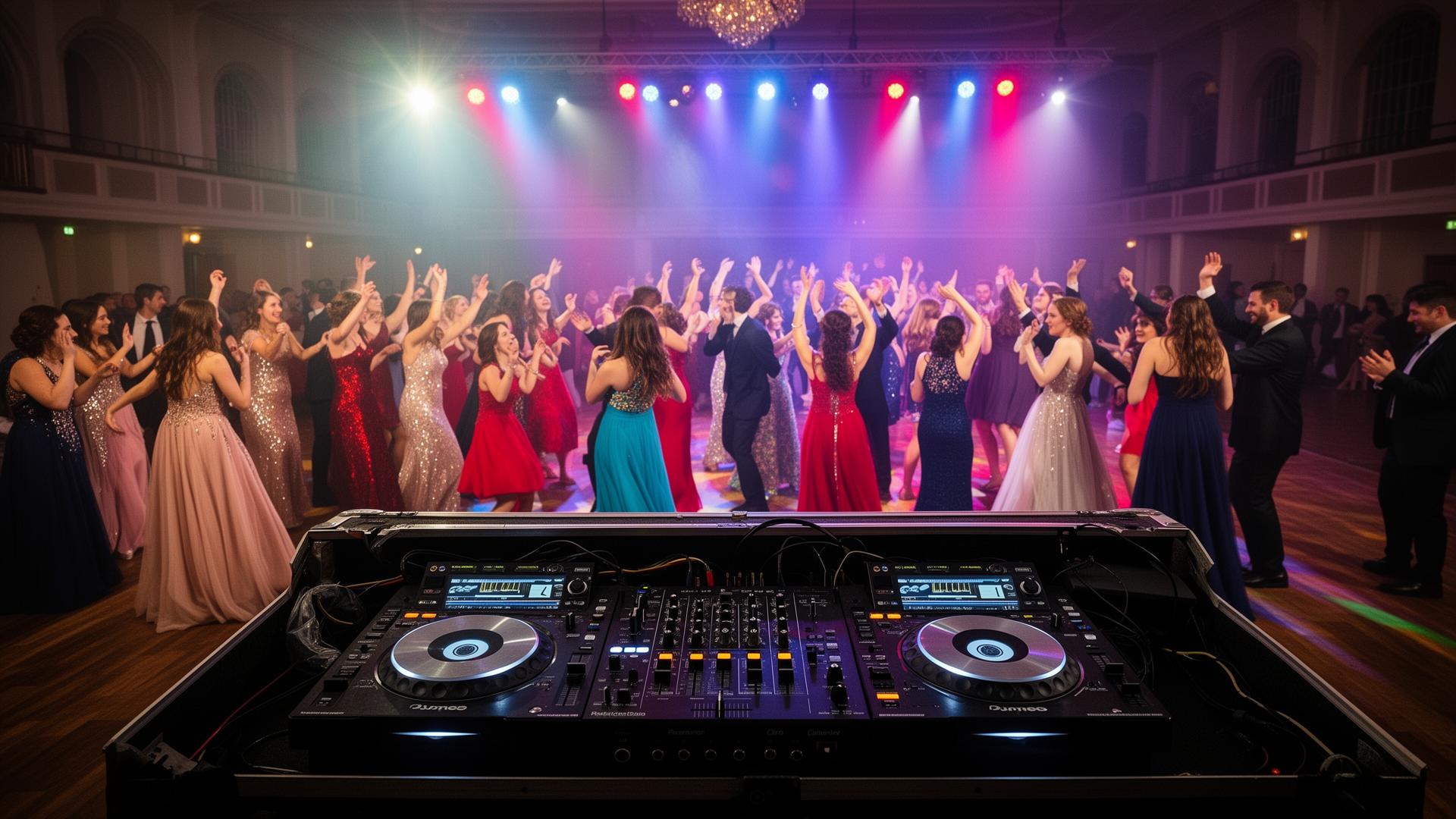 DJ at a university prom with students lining up